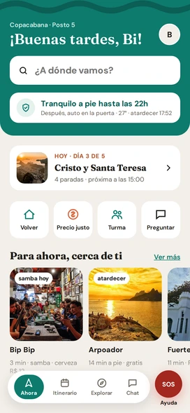 App Parcero en uso: pantalla Agora, precios, noche y vuelta al hotel